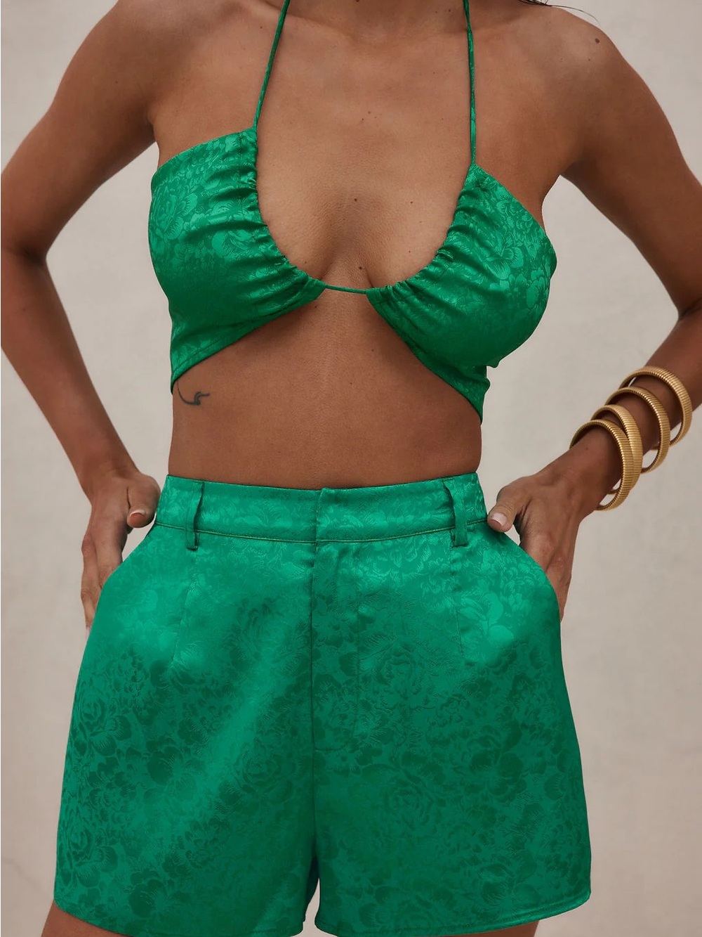 12th Tribe Emerald Green Satin Cutout Crop Top